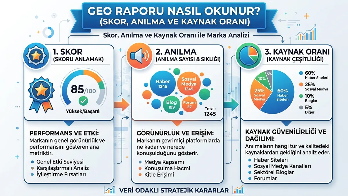 GEO raporu nasıl okunur? Skor, anılma ve kaynak oranı
